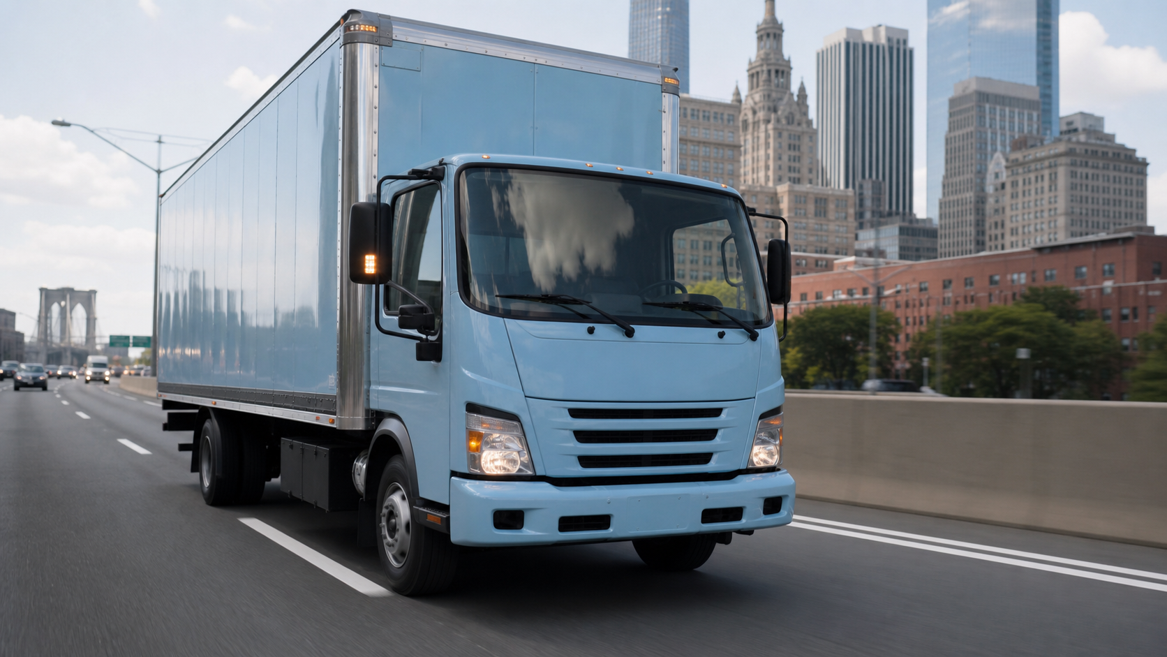 Light-blue truck making a gradual lane change
