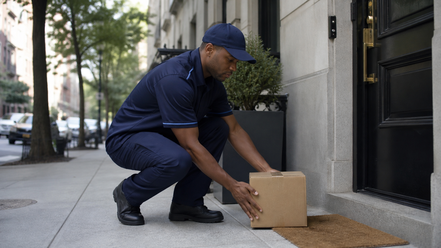 Delivery associate handling a package carefully