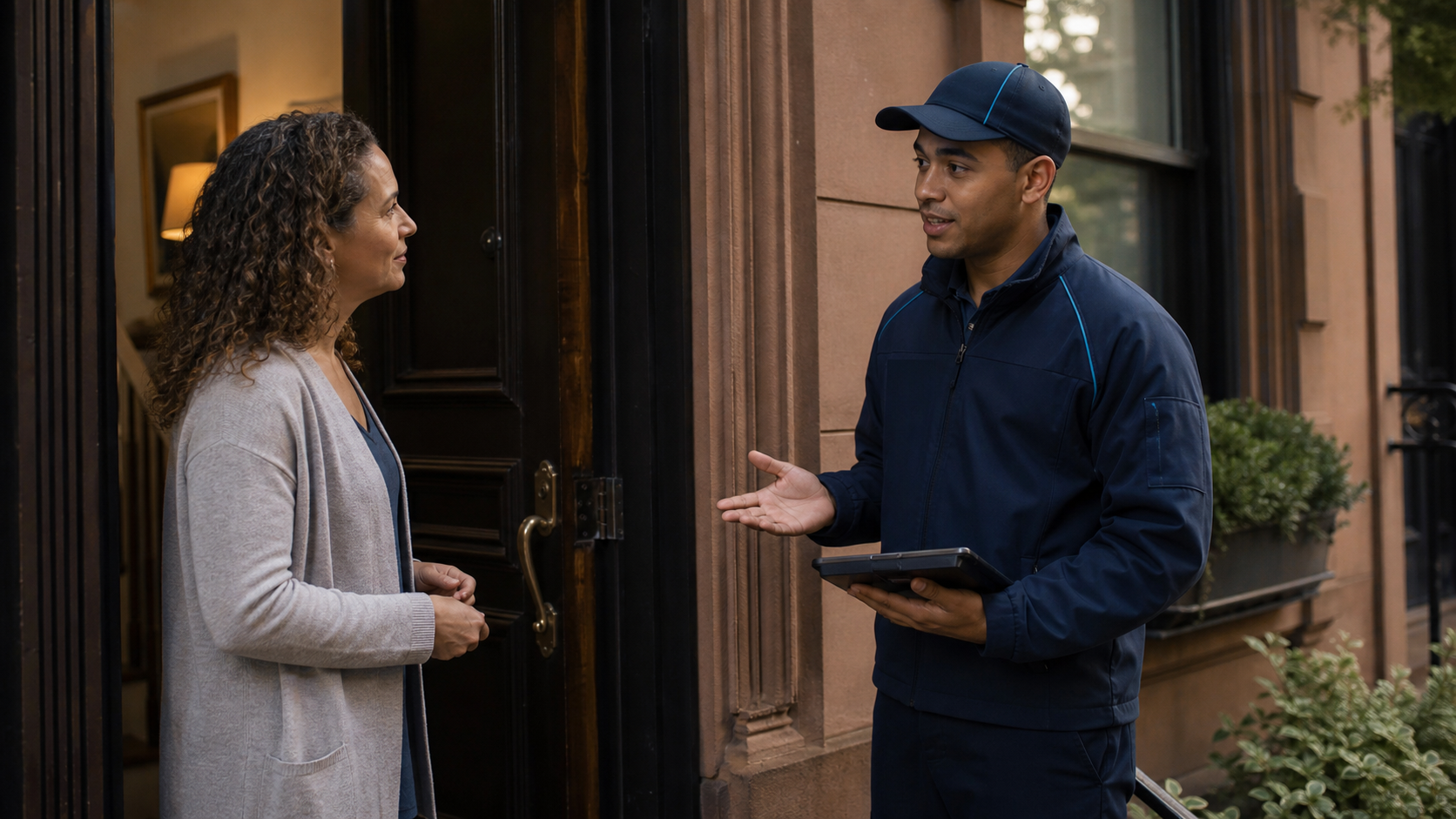 Delivery associate speaking professionally with a customer