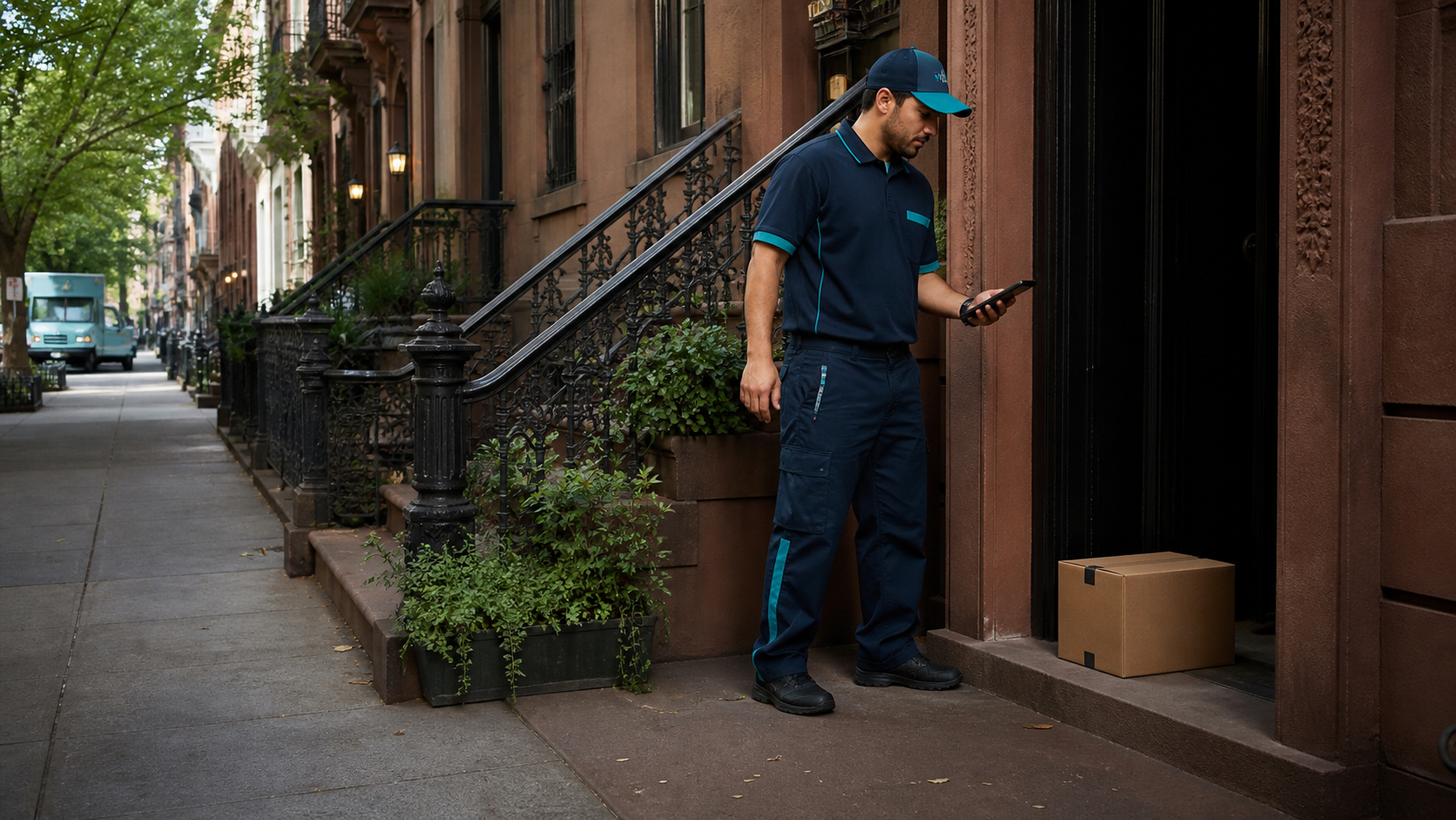Delivery worker verifying the correct New York building entrance