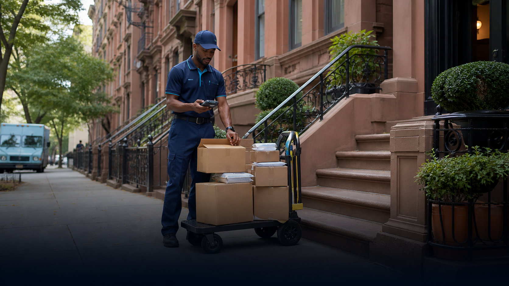 Delivery worker organizing packages at a New York address