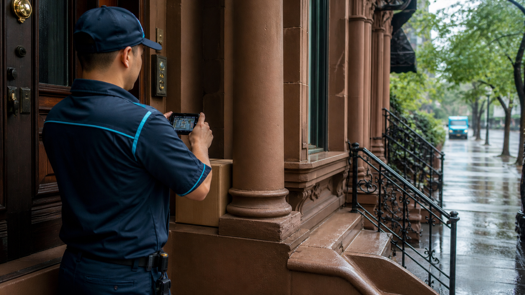 Delivery worker capturing proof at a protected doorway