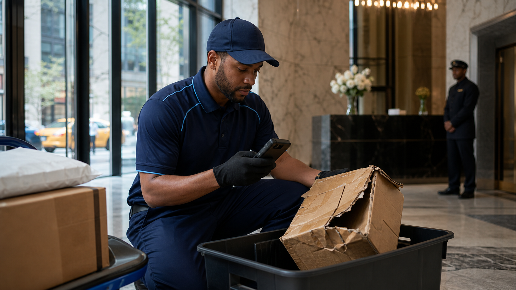 Delivery associate documenting a damaged package
