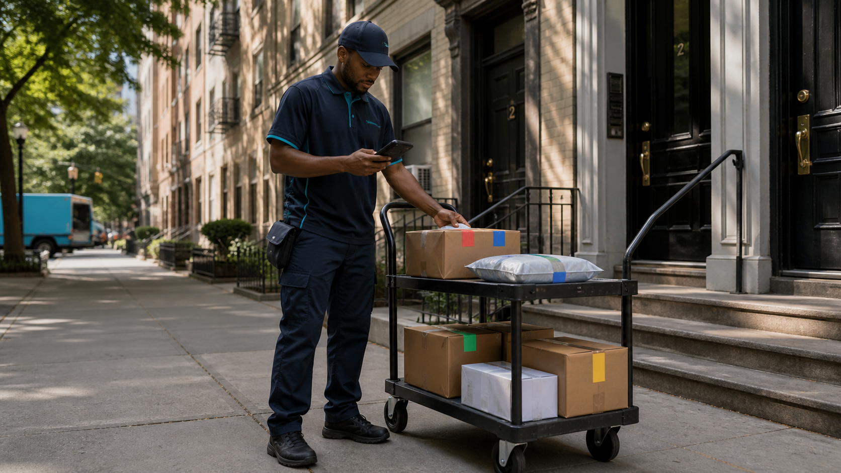 Delivery worker sorting packages for different customers