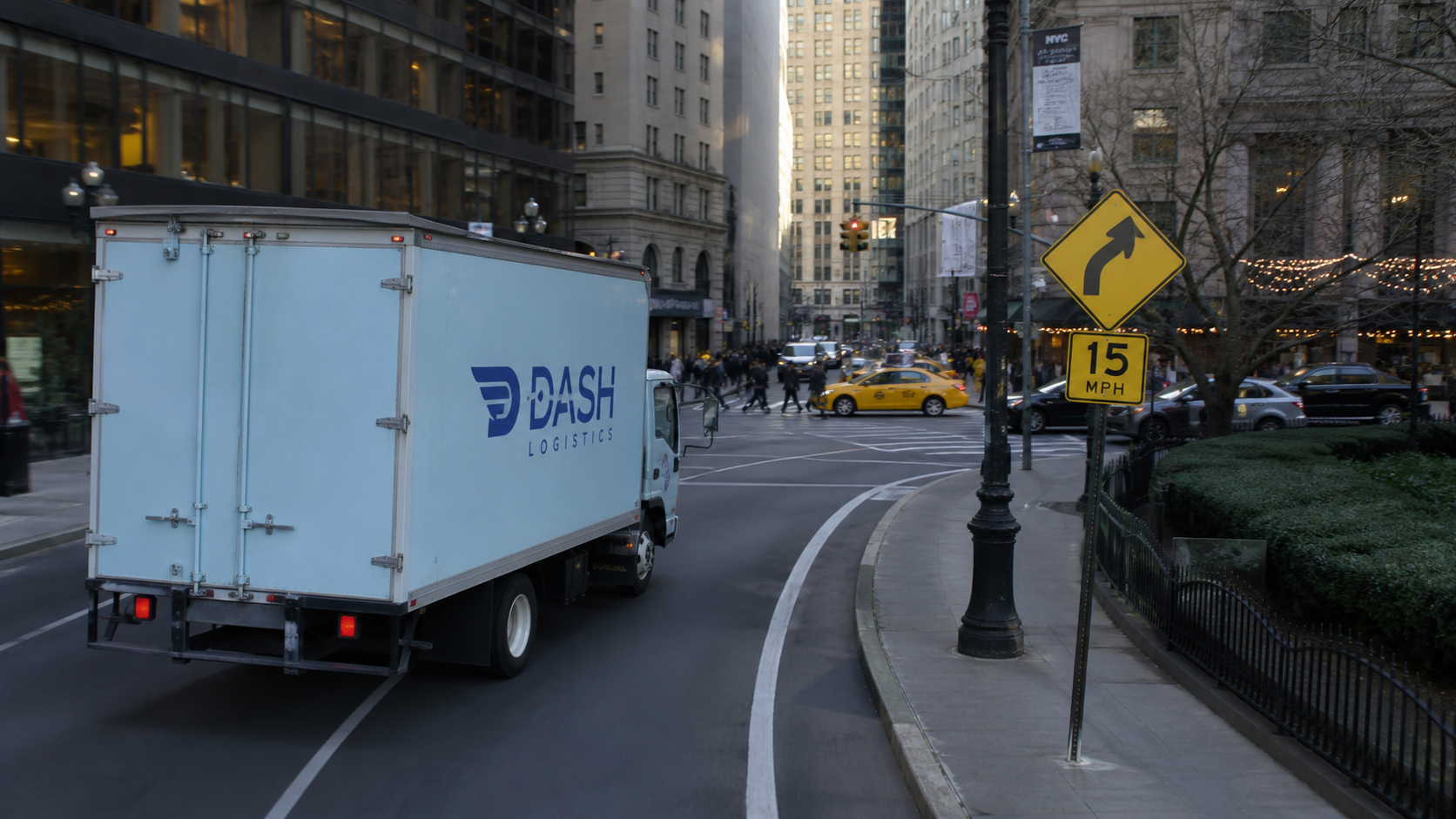 Light-blue truck observing the speed limit in New York