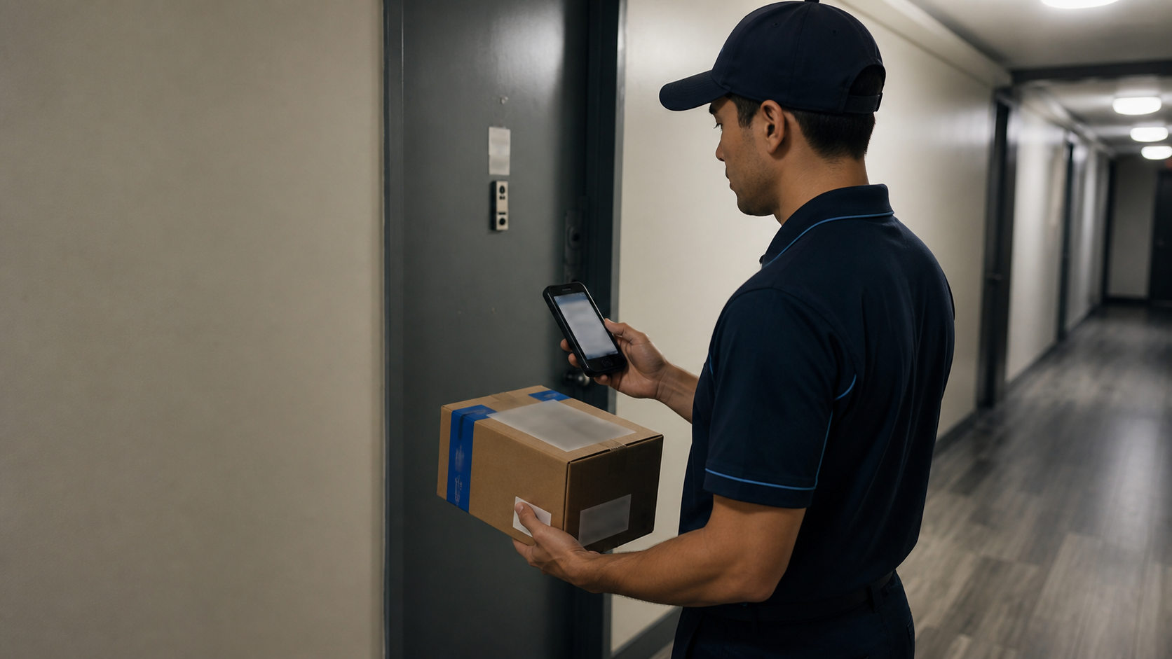 Delivery associate verifying an apartment doorway