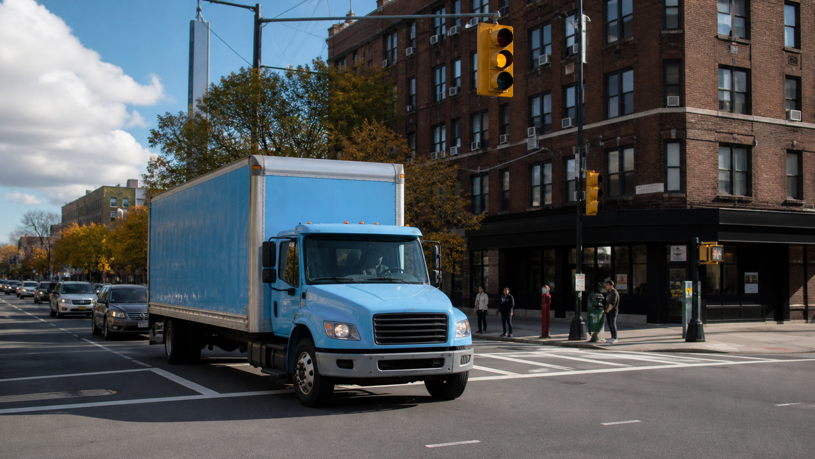 Light-blue truck stopping safely at a yellow light